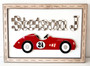 Race car wood sign, boho nursery decor with checkered alphabet, custom baby name, vertical, gift for car-loving parents
