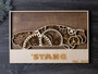 Steampunk car personalized multi-layered wood art with gears and vintage auto silhouette, custom names, landscape wall decor