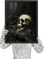 Gothic skull decor poster in dark cottagecore style, vintage black-and-cream palette, portrait orientation for bedroom wall