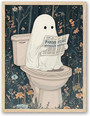 Beige Oak Framed Ghost Halloween Canvas For Aesthetic Bathroom And Bedroom Wall Decor