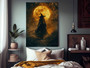 Moon Halloween Witch canvas wall art, personalized names under crescent moon, spooky black-and-orange decor for living room