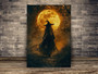 Moon Halloween Witch canvas print, custom family name, moody blue night sky, portrait orientation for living room wall decor