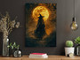 Moon Halloween Witch canvas wall decor, custom names and date, minimalist monochrome style for spooky living room display