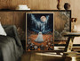 Whimsical spooky ghost canvas with a moonlit forest silhouette, personalized names for a modern living room gallery wall