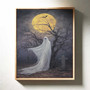 Spooky Halloween canvas personalized, vintage-style graveyard at night, glowing full moon and flying bats for living room