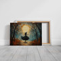 Moonlit forest dancing witch canvas wall art, night palette with fog and bats, ready-to-hang Halloween gift for witchy friend