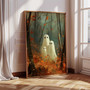 Halloween ghost family canvas with cozy autumn vibe, custom family names, warm tones, landscape for living room