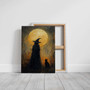 Mystical Halloween witch canvas art featuring a cat silhouette, dark moody palette, perfect living room accent, portrait