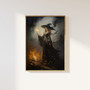 Halloween witches canvas featuring ethereal flames in vintage gothic style, dark romantic decor accent for moody living rooms