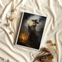Halloween witches canvas in ethereal vintage style, portrait orientation with candlelit flames for dark romantic walls