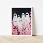 Ghost Family Canvas With Pink Flowers - Spooky Cute Wall Art For Girl's Magical Room