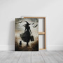 Halloween witches canvas wall art, square in orange and black with witch silhouettes by bonfire, ideal for Halloween decor