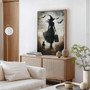 Halloween witches canvas wall art in black and white, moonlit forest with broomsticks, a gift for a witchy housewarming