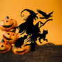 Spooky Witch With Broomstick Metal Sign For Halloween Outdoor DéCor - Cat And Crow Design For Garden