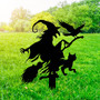 Spooky Witch With Broomstick Metal Sign For Halloween Outdoor DéCor - Cat And Crow Design For Garden
