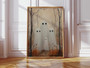 Whimsical ghost family canvas art personalized with custom names, charming Halloween living room wall decor in neutral.