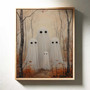 Whimsical ghost family canvas art in landscape style, custom family name, playful Halloween living room wall decor.