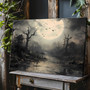 Personalized Moody Moon Halloween Canvas - Witchy Art For Gothic Fans With Flying Bats At Full Moon
