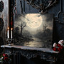 Personalized Moody Moon Halloween Canvas - Witchy Art For Gothic Fans With Flying Bats At Full Moon