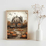 Charming Pumpkin Patch Canvas For Halloween Country DéCor Vintage Farmhouse Fall Art With Haunted House & Flying Bats