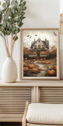 Charming Pumpkin Patch Canvas For Halloween Country DéCor Vintage Farmhouse Fall Art With Haunted House & Flying Bats