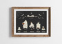Halloween ghost family portrait custom canvas, minimalist black and white with bats, personalized names for hallway decor
