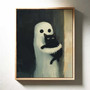 Spooky Ghost And Black Cat Canvas Wall Art - Rustic Halloween Decor - Adorable Whimsical Halloween Poster For Unique Home Display