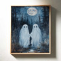 Romantic ghost couple canvas art, whimsical starry night scene; monochrome black and white for entryway accent, vertical