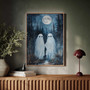 Romantic ghost couple canvas art with crescent moon, minimalist Halloween vibe for bedroom wall; neutral tones, landscape