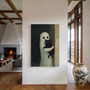 Halloween ghost and black cat canvas wall art, rustic whimsical design for mantle or shelf styling, cozy seasonal home accent