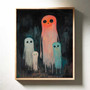 Colorful ghost family canvas art, cute spooky spirits in whimsical style, Halloween gift for kids and accent for goth homes.