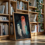 Colorful ghost family landscape canvas, whimsical Halloween wall art with adorable spirits for nursery decor and goth spaces.