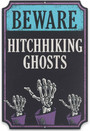 Spooky Haunted Mansion Beware Of Hitchhiking Ghosts Metal Sign For Halloween Wall Decor