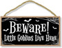 Beware Halloween Wooden Wall Art Sign - Little Goblins Live Here - Fun Halloween Decor For Home