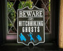 Beware Of Hitchhiking Ghosts - Painted Solid Wood Halloween Sign For Spooky Outdoor DéCor