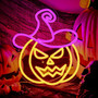 Spooky Orange Purple Neon Pumpkin Sign - Wizard Hat Design For Halloween Party Decorations