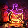 Spooky Orange Purple Neon Pumpkin Sign - Wizard Hat Design For Halloween Party Decorations