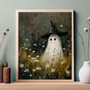 Ghost Halloween Canvas Decor - Cute Vintage Ghost With Witch Hat Poster, Spooky Wildflower Field Art For Gothic Dark Academia Wall