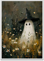 Ghost Halloween Canvas Decor - Cute Vintage Ghost With Witch Hat Poster, Spooky Wildflower Field Art For Gothic Dark Academia Wall