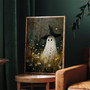 Ghost Halloween Canvas Decor - Cute Vintage Ghost With Witch Hat Poster, Spooky Wildflower Field Art For Gothic Dark Academia Wall