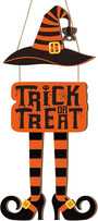 Halloween Trick Or Treat Wooden Sign With Witch Legs Hat - Rustic Front Door Hanger For Porch Indoor Outdoor