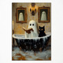 Whimsical Ghost Halloween Canvas Art For Bathroom - Gothic Black Cat & Reading Ghost In Bathtub