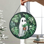 Cute Ghost Plant Stained Glass Suncatcher For Halloween - Monstera Lovers' Window Decor