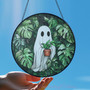 Cute Ghost Plant Stained Glass Suncatcher For Halloween - Monstera Lovers' Window Decor