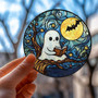 Cute Ghost Reading Glass Suncatcher For Halloween - Starry Night Design For Book Lovers