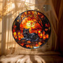 Halloween Black Cat Suncatcher In Cozy Forest Style - Fall Window Decor With Candles And Leaves