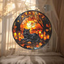 Halloween Black Cat Suncatcher In Cozy Forest Style - Fall Window Decor With Candles And Leaves