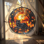 Halloween Black Cat Suncatcher In Cozy Forest Style - Fall Window Decor With Candles And Leaves