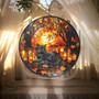 Halloween Black Cat Suncatcher In Cozy Forest Style - Fall Window Decor With Candles And Leaves
