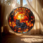 Halloween Black Cat Suncatcher In Cozy Forest Style - Fall Window Decor With Candles And Leaves